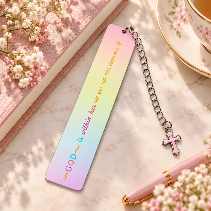Marque page - citation arc-en-ciel et croix rose