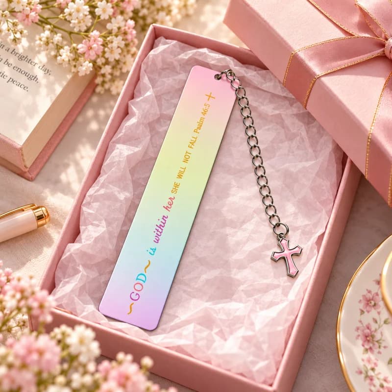 Marque page - citation arc-en-ciel et croix rose