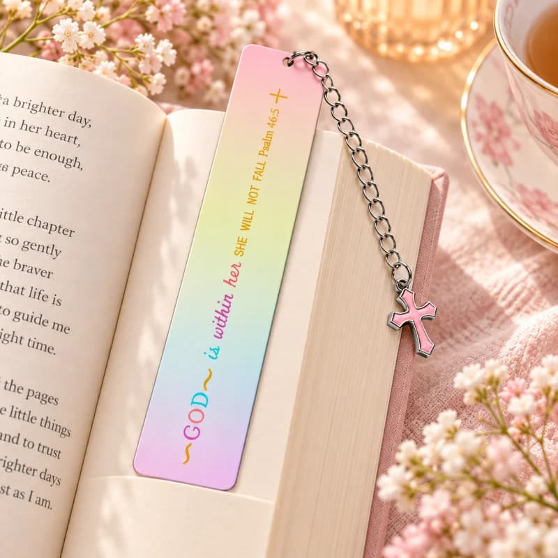 Marque page - citation arc-en-ciel et croix rose