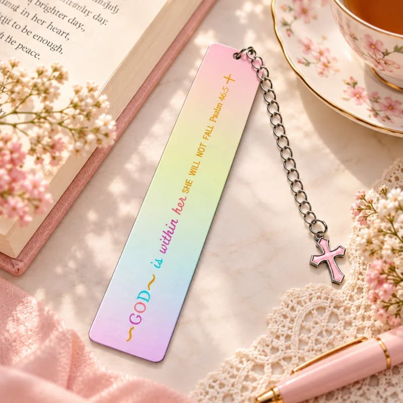 Marque page - citation arc-en-ciel et croix rose